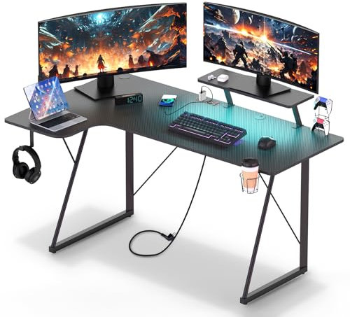 Rcynview Escritorio de Esquina Gaming con Puerto de Carga USB y Toma de Corriente, Mesa de Ordenador en Forma de L con Soporte Monitor para Hogar Oficina Estudio Gaming Dormitorio, 150x90x75 cm, Negro