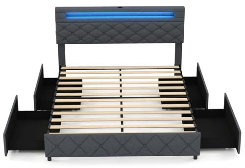Multigot King Size Bed Frame with RGB LED Lights, 5FT Upholstered Slat Support Bedstead with 2 Charging Ports, Adjustable Storage Headboard & 4 Underbed Drawers, Platform Bed Base, No Box Spring Need