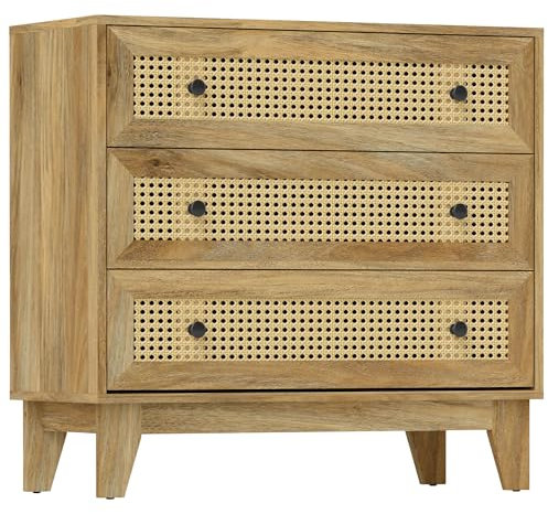 HOMCOM Commode 3 tiroirs Meuble de Rangement cannage en rotin 80 x 35 x 76 cm Aspect Bois Clair
