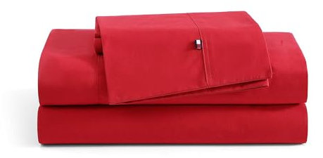 Tommy Hilfiger - Bettlaken-Set, Baumwoll-Perkal-Bettwäsche mit passenden Kissenbezügen, frisch und kühl, solide Essentials für Zuhause (Rot, Doppelbett-XL)