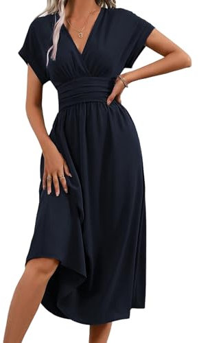 LIAMERHE Vestito Donna Estivi Elegante Manica Corta Scollo a V Casual Maxi Abito Linea A Plissettato Vestiti Abito Spiaggia Moda Vestito Vita Alta Blu Navy M