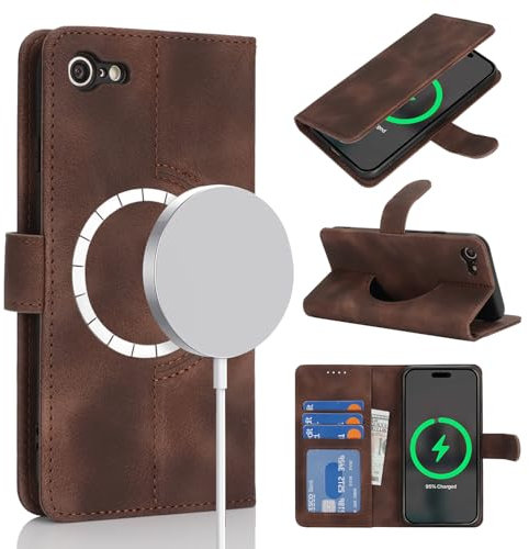 Zouzt Case for iPhone SE 2022/2020/3rd/2rd / 8/7 (4.7), [Compatible with MagSafe] Magnetic PU Leather Wallet Case with Card Holders, Wireless Charging Flip Folio Phone Cover - Vintage Dark Brown