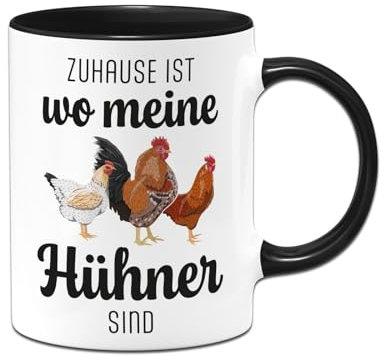 Huhn - Geschenk für Hühnerliebhaber Tasse - Zuhause ist wo meine Hühner sind - Kaffeetasse lustig mit Spruch für Hühnerfreunde - Deko (Schwarz)