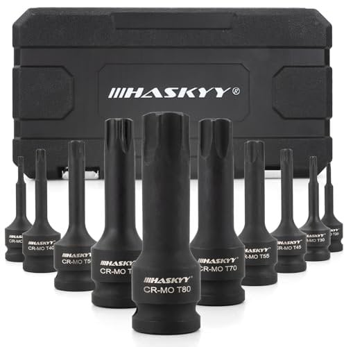 HASKYY Jeu de 10 douilles Torx 1/2 T20-T80 - Jeu de 10 douilles Torx - Pour voiture, entretien du moteur, entretien des freins et outils de réparation de transmission