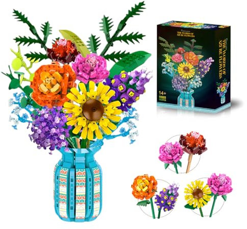 Blumen Bouquet Bausteine Set mit Vase.1853PCS Botanische Sammlung mit Rosen, Sonnenblume, Home Office Dekor für Erwachsene Frauen Mädchen 14+, Valentinstag Muttertag Geburtstag