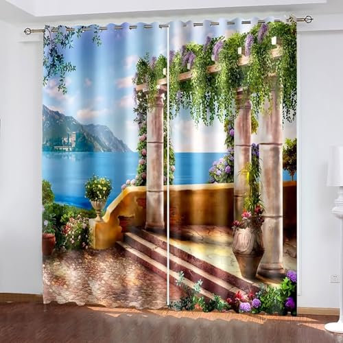 Epinki Verdunkelungsvorhang Ösen Multicolor 2er Pack, Nordisch Innenhof Meer Berg Vorhänge Gardinen Verdunkeln, Thermovorhänge Kälteschutz Schallschutz H183 x B214 cm
