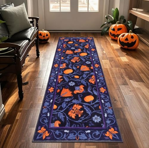 Geanup Teppich Läufer für Flur 60x180 cm, Violett Kürbis Floral Waschbarer Küche Läufer rutschfest, Weicher Kurzflor Schlafzimmer Teppich für Wohnzimmer Badezimmer Weihnachts Dekoration