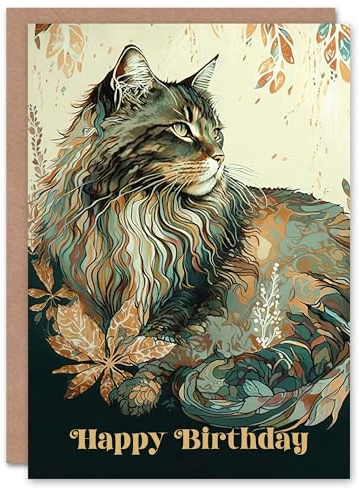 Artery8 Happy Birthday Maine Coon Cat with Leaf Pattern Birthday Card