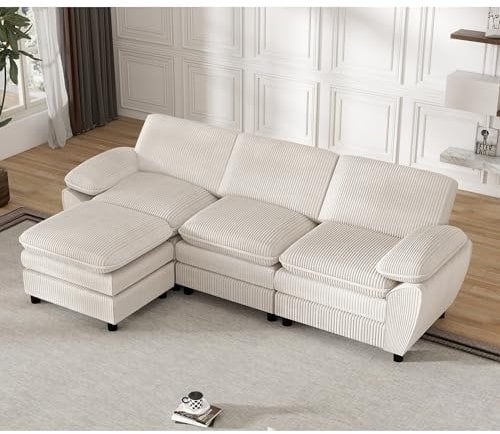 ZX Design Ecksofa mit Schlaffunktion mit Polsterhocker, Cord Sofa, Sofa 3 sitzer, Ecksofa für Wohnzimmer,Schlafzimmer und kleine Wohnungen (Weiss)