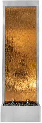 Xbrand Fountain 68 Freestanding Modern Indoor/Outdoor Waterfall Fountain w/Decorative Rocks, LED Lights & Auto-Shut Off Pump, Silver Frame and Brown Glass