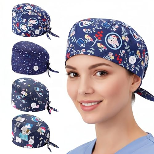 Ziyonix 4 Stück OP Haube Baumwoll Peeling-Mütze mit Schweißband und Knöpfen Chirurgische Hut Staubkappe Verstellbar Bandana Cap Kochmütze für Damen Herren