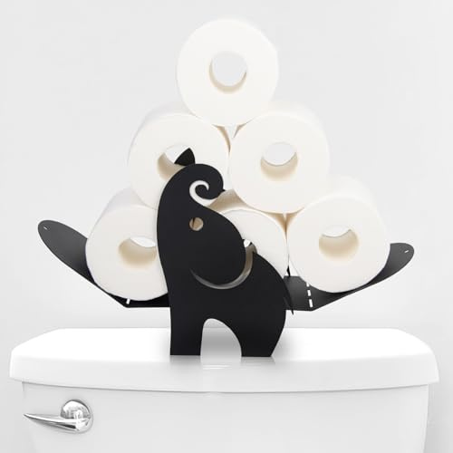 Toilet Roll Holder Free Standing - Novelty Toilet Paper Storage 7 Roll - Capacity Black Powder Coated Steel Modern Bathroom Accessories - Loo Roll Stand Funky Funny Design Home Decor (Elephant)