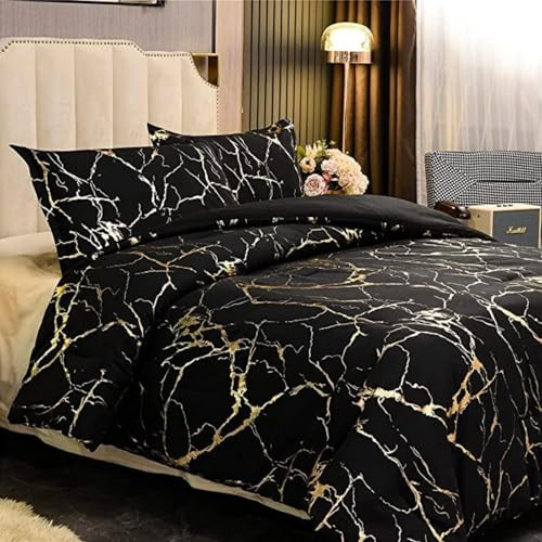 Tospass Marmor Optik Bettwäsche 220x240cm Schwarz Gold Marmor Glitzermuster Bettwäsche-Sets Mikrofaser ÖKO-TEX Deckenbezug 1 Bettbezug mit Reißverschluss und 2 Kissenbezug 80x80cm