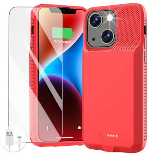GIN FOXI Battery Case for iPhone 13/13 Pro/14/14 Pro, Ultra-Slim Charging Case Real 7000mAh Rechargeable Anti-Fall Protection Extended Charger Cover for iPhone 14/14 Pro/13/13Pro (6.1 inch) Red