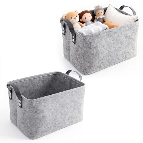 FuYelng 2 Stück Grau Filzkorb mit Griff 34 X 24 X 20 cm | Filz KorbMode Korb Filz Filzkorb Aufbewahrung Aufbewahrungskorb Filzbox Aufbewahrung, für Kleidung Babyartikel Bücher Usw