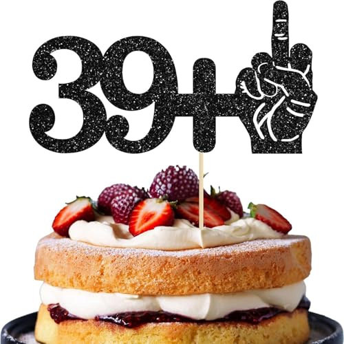 Tourima 40. Geburtstag Tortenstecker, 16 cm Cake Topper für Mann und Frau | Schwarzer Tortenstecker mit „39+“-Motiv und Handzeichen sorgt als lustige Kuchendeko zum 40. Geburtstag für Aufmerksamkeit.