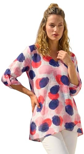 Roman Originals Floral Print Tunic Top for Women UK Ladies Casual Shirt Smart Blouse Asymmetric Wrap Hem Summer Holiday Party Cruise 3/4 Sleeve Longline Oversized - Abstract Pink Navy - Size 14