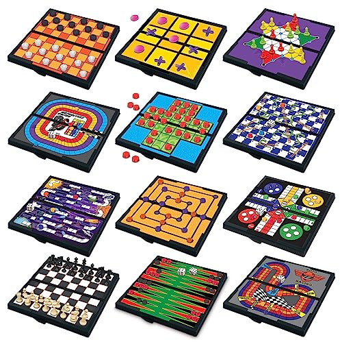 Gamie Magnetic Board Travel Games for Kids, Includes 12 Retro Fun Games - 5 Compact Design, Individually Boxed Travel Essentials for Kids 4-8, 8-12, Road Trip/Airplane/Camping, for All Ages