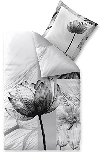 aqua-textil Trend Bettwäsche 155x220 cm 2tlg. Baumwolle Bettbezug Flora Blumen Weiß Grau Schwarz