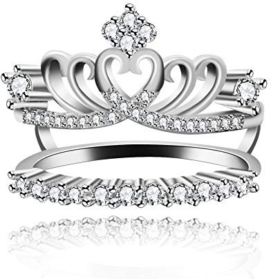 Uloveido Rhodinierter Kronenring Guard Enhancer, Hochzeitsversprechender Ring für Frauen, Princess Tiara Enhancer Ring (Größe 57) Y480