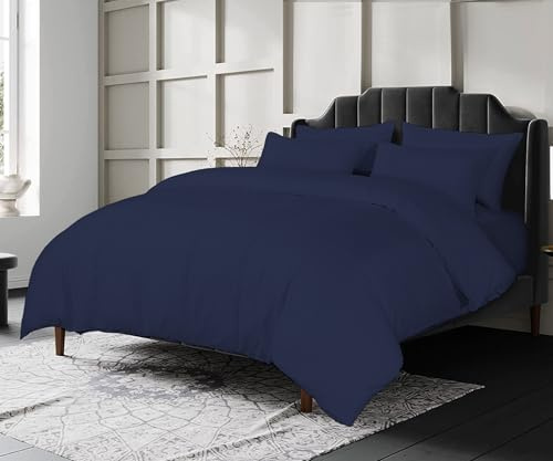 Crescent Collection Luxury 100% Cotton Plain Duvet Cover With Pillow Case Quilt Cover Bedding Set (Navy Blue, Super King)