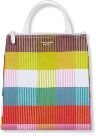 Kate Spade New York Portable Soft Cooler Lunch Bag with Silver Insulated Interior Lining and Storage Pocket, Rainbow Plaid