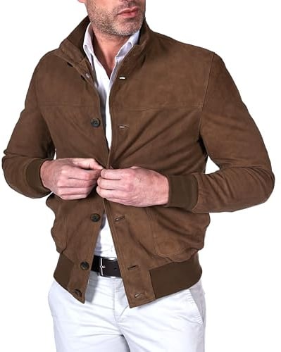 D'Arienzo Bomber Veste Velours Cuir Homme Blouson Cuir Daim Bleu en Cuir Veritable de Chèvre Alex Bottoni