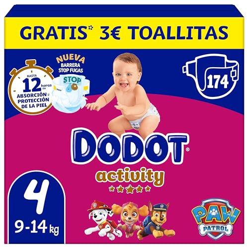 Dodot Pañales Bebé Activity, Talla 4 (9-14 kg),174 Pañales, Hasta 12h de Protección Antifugas y Ajuste, Pack Mensual
