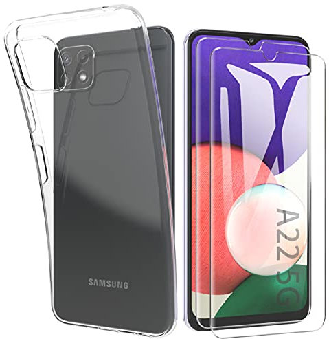 HTDELEC Coque pour Samsung Galaxy A22 5G Transparente + 2 × Verre trempé Protection écran,Souple TPU Étui Protection Bumper Housse Antichoc Coque pour Samsung Galaxy A22 5G -01