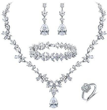 EVER FAITH Cubic Zirkonia Schmuck Set für Damen Braut Hochzeit Party Mode Blumen Blatt Halskette,Ohrringe,Tennis Armband und Quadratische Ring