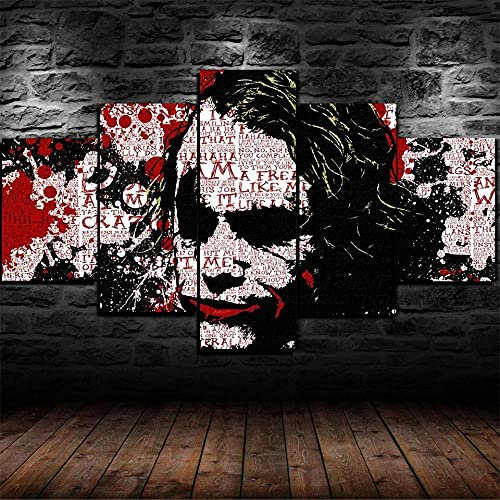 Wondbeau Leinwanddrucke Modulare Wandkunst Wandaufkleber 5 Teiliges Wandbild Druck auf Leinwand Malerei Moderne Abstrakte Poster Mit Rahmen XL/200cm×100cm Heath Ledger Joker Film