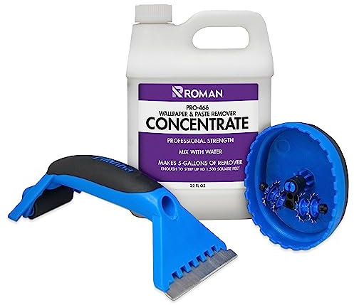 ROMAN 202221, Concentrate (32 oz), Perforating Scoring Tool, and Angled Scraper for Home Improvement-Yields 5 Gallons (1500 sq. ft Coverage) Wallpaper Remover Kit, Blue