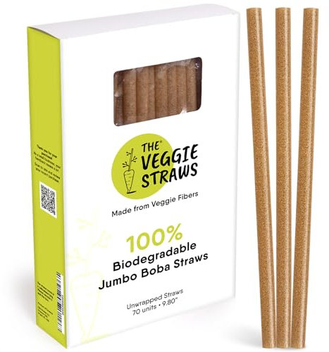 The Veggie Straws – Biodegradable Boba Straws 70 PCS of 9.8 inches long Unwrapped Disposable Smoothie Straws Made of Vegetable Fibers – Best Environment Friendly Milkshake Straws