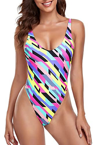 Relleciga Einteiliger Damen-Badeanzug mit Tanga, Neon gestreift, S