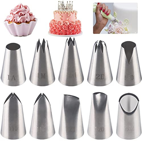 FYSL 10 x Große Spritztüllen-Set aus Edelstahl zum Backen, DIY, Kekse, Creme, Cupcakes Dekorieren