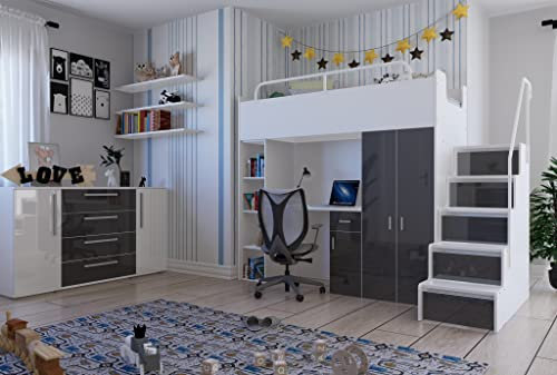Marlux-Meble Hochbett JSM-4 90x200 mit Kleiderschrank Schreibtisch und Treppe Hochglanz Kinderbetten Funktionsbett Etagenbett Stockbett Kinderhochbett Jugendhochbett (Graphit Glanz)