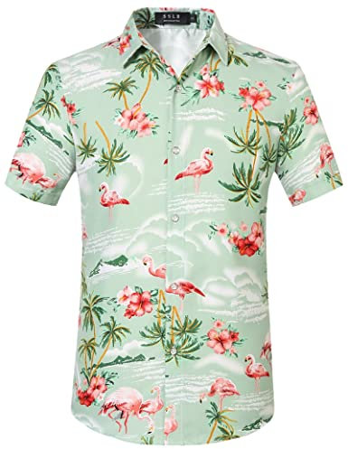 SSLR Chemise hawaïenne pour homme, flamant rose, chemise hawaïenne pour homme, manches courtes, imprimé floral, coupe régulière (M, vert rouge)