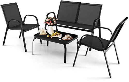 GIANTEX Juego de Muebles de Jardín 4 Piezas, 1 Sofá de 2 Plazas, 2 Sillones y 1 Mesa de Centro con Tablero de Vidrio, Tejido Transpirable, Conjunto de Conversación para Patio, Terraza (Negro)