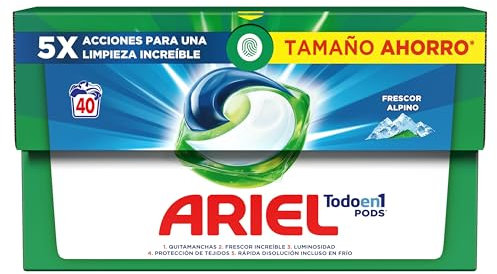 ARIEL PODS Todo en 1 Detergente Lavadora Liquido en Capsulas/Pastillas, 40 Lavados, Jabon Limpieza y Frescor Alpinos, 5 Acciones para una Limpieza Brillante en Frio