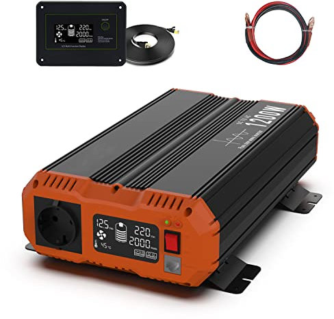 Wechselrichter Reiner Sinus 1200W 12v auf 230v Spannungswandler mit LCD-Bildschirm, Kabelgebundene Fernsteuerung, 1 EU-Steckern, 2 Lüfter für Wohnmobil Auto