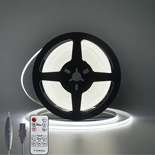 Wisada Dimmbar COB LED Streifen 5m, USB 5V 320LEDs/m Flexibler LED Lichtband Kaltweiß COB Nicht Wasserdichte LED TV Hintergrundbeleuchtung Lichterketten mit RF Fernbedienung für Schrankbeleuchtung