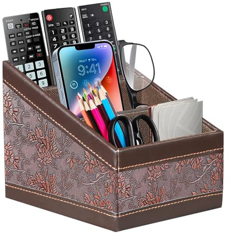 BLIENCE Fernbedienungshalter, PU Leder Fernbedienung Organizer mit 3 Fächer,Fernbedienungen TV Klimaanlage Aufbewahrungsbox,Schreibtisch-Organizer Stiftehalter für Stifte,Brille,Make-Up