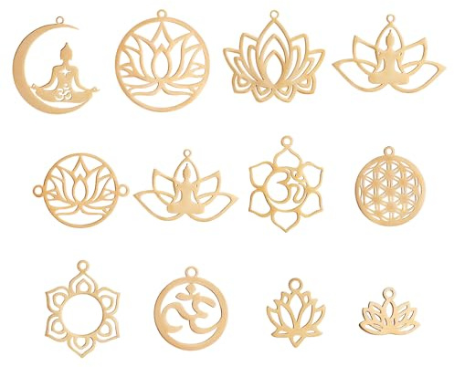 COGCHARGER 12 Stück Edelstahl-Charm-Anhänger, Lasergeschnittener Lotus-Anhänger, Chakra-Charm, Golden, Für Schmuck, Halskette, Ohrringe, Basteln