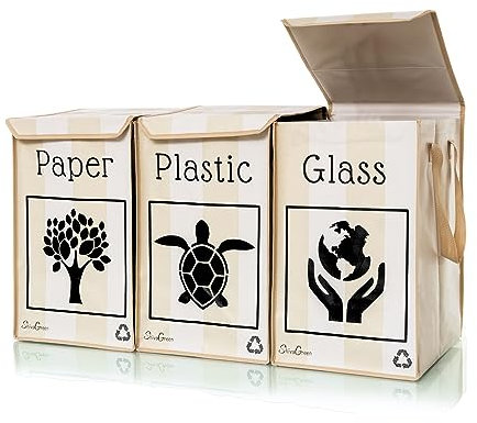 Shiva Green Mulltrennsystem 3fach - Recycling System - Altglas Sammelbehälter - Leergut Sammelbehälter - Altpapier Sammler - aus Plastik und Glas mit Deckel (Ashley.)