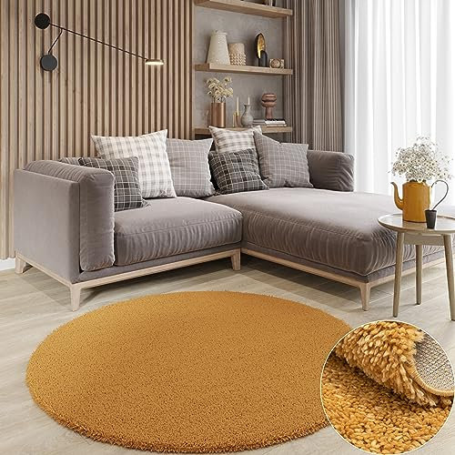MY-RUG Teppich Shaggy Star Hochflor rund goldgelb 120 x 120 cm - Wohnzimmer Teppich, Langflor, Günstig