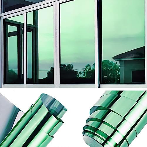 Vinilo para Ventanas Efecto Espejo,NEEMOSI Vinilo Ventana Anti Sol, 99% de Protección UV y Rotección de la Intimidad,Vinilo Espejo para el Hogar y la Oficina(Verde-Plata,90 * 400cm