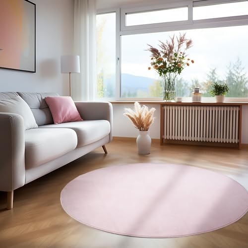 Teppium Tappeto Rotondo per Soggiorno 120 cm Rosa Lavabile, Pelo Corto, Moderno Design Monocromatico - Tappeto Lavabile Antiscivolo Extra Morbido e Fluffy per Cucina e Camera da Letto