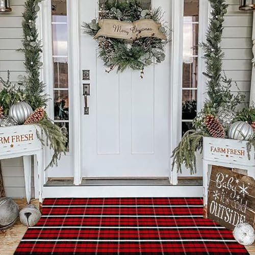Weihnachtlicher karierter Outdoor-Teppich, 6,1 x 1,2 m, rot & schwarz kariert, für Innen- und Außenbereich, Schichtteppich für Hallo/Willkommens-Fußmatte, maschinenwaschbar, Baumwolle, gewebte