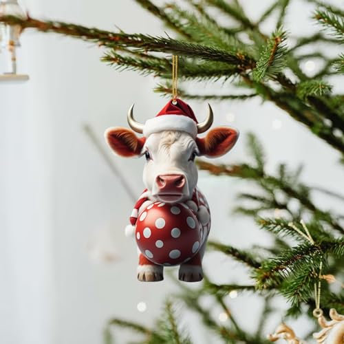 Weihnachtsdeko Anhänger - 2D Doppeldruck Kuh Christbaumanhänger Lustige Weihnachtskuh und Weihnachtskugeln Hängende Dekor Christbaumschmuck Acryl Cartoon Kühe Weihnachtsbaumschmuck (G, 8cm)
