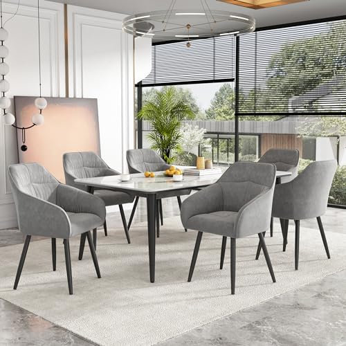 Merax Esszimmerstühle 6er Set, Moderne Sessel, Loungesessel, Küchenstuhl Polsterstuhl Wohnzimmerstuhl mit Armlehne, Sitzfläche aus Samt, Metallbeine, Design Stuhl für Esszimmer Wohnzimmer Küche, Grau
